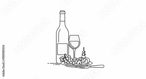 A still life illustration of wine bottle, glass, cheese, grapes and knife