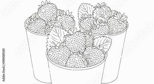 A still life illustration of ripe strawberries overflowing from three rustic pots