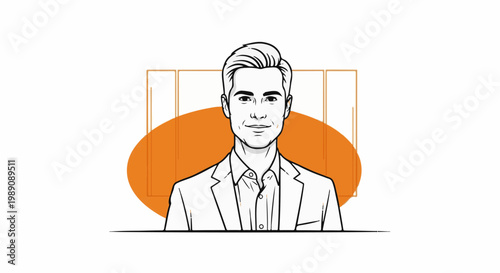 A stylized black and white sketch of a man in a suit, with an orange oval behind him