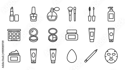 Detailed collection of cosmetic and beauty product line icons featuring lipstick and skin care jars, concept for professional salon branding, ecommerce store interface and makeup artist portfolio