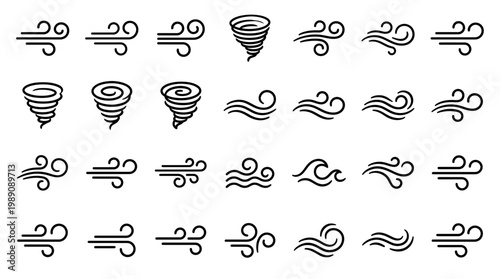 A comprehensive set of various minimalist wind breeze and tornado line icons isolated on white background, concept for weather forecasting, climate change and environmental infographics