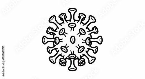 A stylized black line drawing of a virus particle with spikes