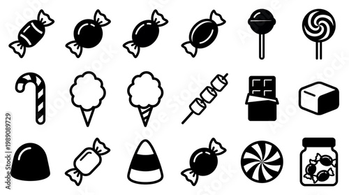 Set of minimalist black and white sweet candy icons including lollipops, chocolate bars, cotton candy, marshmallow and candy cane, concept for confectionery branding, menu design and app UI