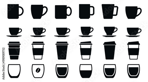 Collection of various coffee cup icons including mugs and takeaway disposable cups set on a plain white background, concept for restaurant menu design, coffee shop branding and beverage advertising