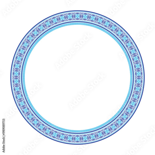 Blue Ethnic Asia national round frame. Ethnic Oriental ornament of the nomadic peoples of Asia, Kazakh, Kyrgyz, Mongol, Turkmen. For sandblasting, ceramic, plate, embroidery