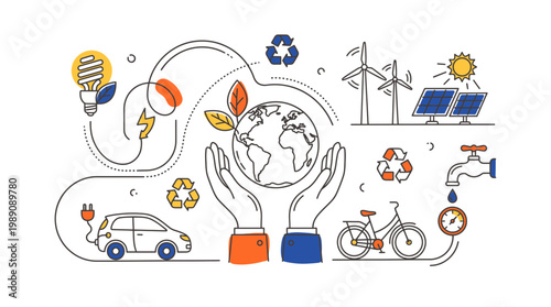 Flat line illustration of corporate executive hands holding earth globe with renewable energy icons, concept for environmental sustainability, green business and ecological protection