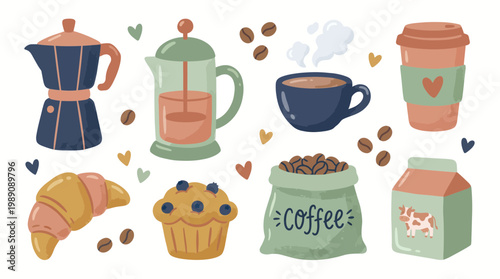 Cute hand drawn vector set of coffee elements featuring moka pot french press croissant muffin and beans on white background, concept for cafe menu design, breakfast food blog and bakery shop branding