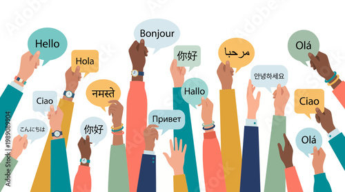 Hands of diverse marketing managers holding colorful speech bubbles with global greetings in different languages, concept for multilingual business communication, translation and networking