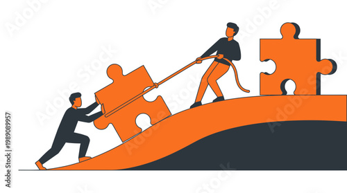 Project manager and operations analyst working together to push and pull a large orange jigsaw puzzle piece up a hill, concept for business collaboration, team problem solving and strategy