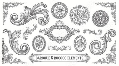 Set of vintage baroque and rococo decorative elements featuring floral scrolls and ornate frames, concept for antique invitation, luxury packaging and elegant logo design