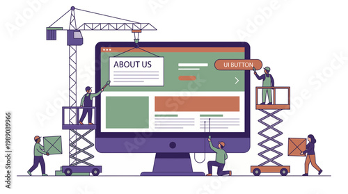 UI UX designers and developers building a website layout on a large monitor using cranes and tools, concept for software development, digital marketing and web design