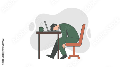 Exhausted corporate project manager leaning head on laptop keyboard at office desk with coffee mug, concept for work burnout, mental health awareness and employee productivity challenges