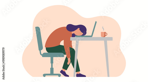 Exhausted female project manager leaning her head on a laptop at her desk in the office after a long working day, concept for mental health awareness, workplace burnout and professional fatigue