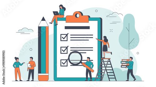 Project managers and office administrators working together on a giant clipboard with checkmarks and a magnifying glass, concept for task management, business compliance and project auditing