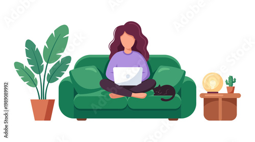 Female marketing specialist working on a laptop while sitting on a green sofa with a sleeping cat and plants, concept for remote work lifestyle, digital nomadic career and home office branding