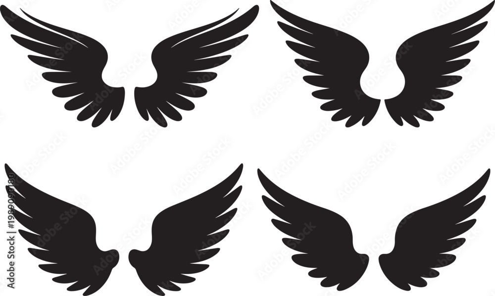 Fototapeta premium Angel Wing Silhouette Vector Illustration – Black and White Spiritual Clipart