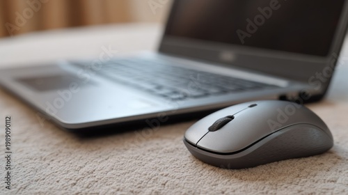 Wireless computer pointing device rests near an open portable computer on a soft surface