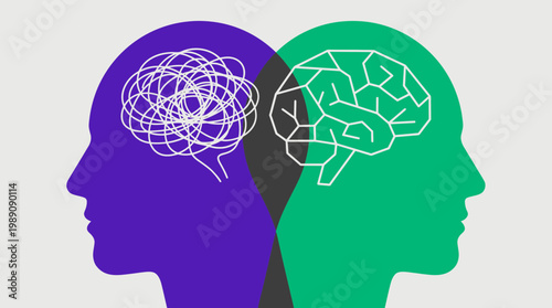 Abstract human head silhouettes featuring chaotic tangled wires versus structured geometric brain, concept for mental health therapy, professional coaching and cognitive performance training