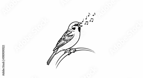 A small bird perches on a branch singing a melodious tune with musical notes
