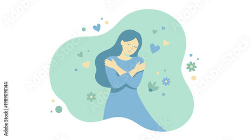 Minimalist flat illustration of a professional female executive hugging herself with hearts and flowers background, concept for employee mental health, workplace wellness and corporate self-care