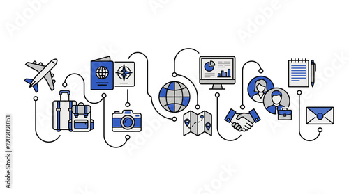 Travel and business icons with airplane, luggage, globe, handshake and corporate managers connected by lines, concept for business trip planning, global trade and professional networking