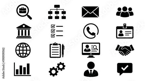 Collection of sixteen minimalist black business icons including hiring briefcase, hierarchy, bank, handshake and chart, concept for human resources, recruitment manager and office management