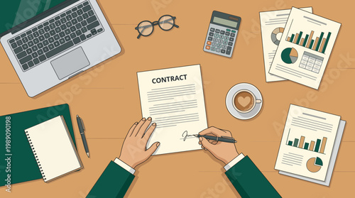 Top view of executive hands signing legal contract on office desk with laptop and financial reports, concept for business agreement, corporate legal documentation and investment strategy