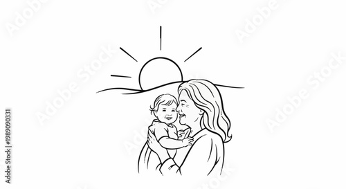A smiling woman holds a happy baby with a stylized sun setting behind them