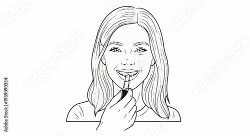 A smiling young woman applies lipstick to her lips with a tool