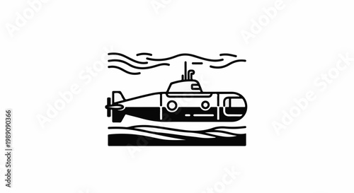 A stylized outline of a submarine beneath ocean waves