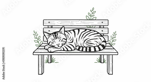 A striped cat sleeps soundly on a wooden park bench, with green sprigs