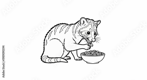 A stylized raccoon with stripes eats from a bowl of beans