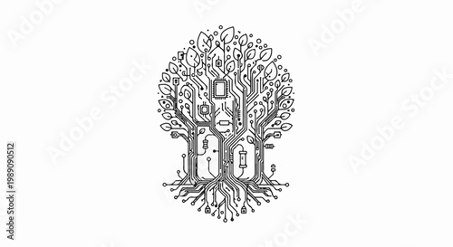 A stylized tree with circuit board elements and leaves