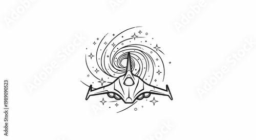 A stylized spaceship flies towards a swirling galaxy with stars