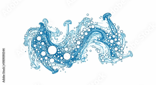 Abstract blue swirls with diverse bubbles against a white background