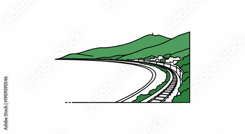 A sweeping railway line curves around a green, tree-lined hillside