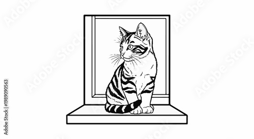 A tabby cat sits looking to the side on a windowsill