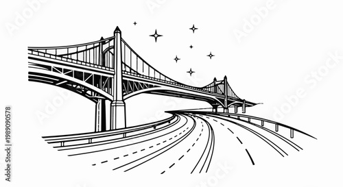 A suspension bridge arches over a winding highway with stars above
