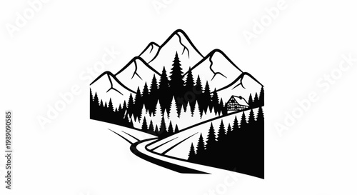 A winding road leads to a cabin nestled among mountains and trees