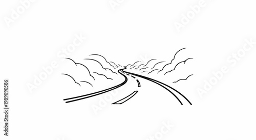 A winding road stretches ahead, disappearing into a hazy horizon