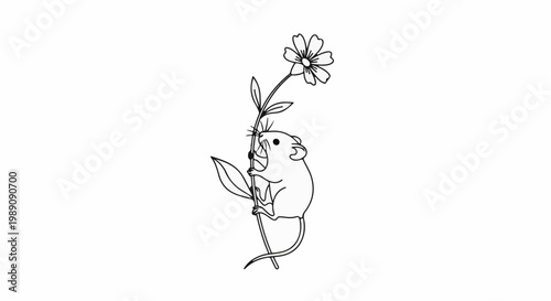 A tiny mouse grips a tall flower stem, climbing towards the bloom