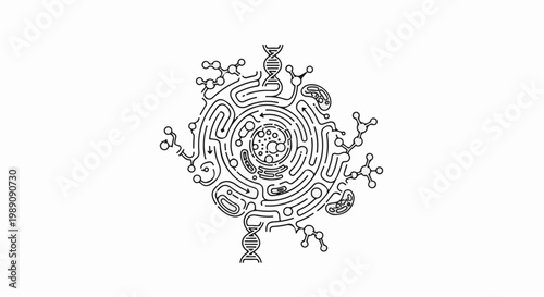 Abstract circular maze depicting molecular structures, DNA, and cellular components