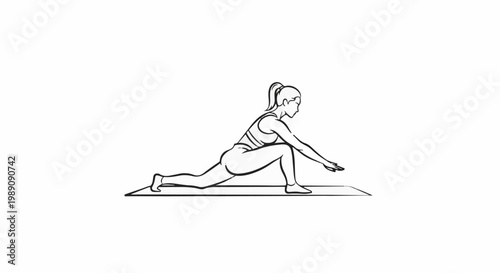 A woman in athletic wear performs a lunge stretch on a yoga mat, arms extended