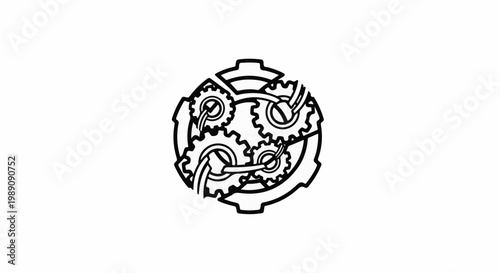 Abstract circular mechanism with interlocking gears and connecting tubes