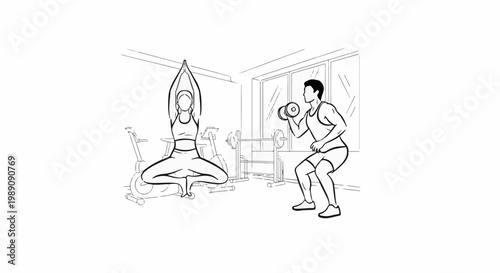 A woman meditates on a stationary bike while a man lifts weights