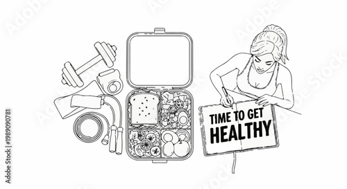 A woman is writing on a sign that says "TIME TO GET HEALTHY", with gym equipment and a lunchbox