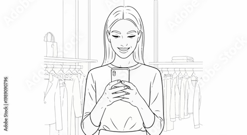 A woman smiles while holding a phone in a clothing store filled with garments