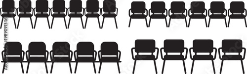 Set of Waiting Room Chairs Silhouette Icon – Row of Seats Bench Vector Illustration