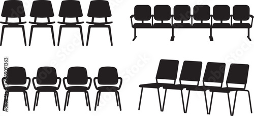 Set of Waiting Room Chairs Silhouette Icon – Row of Seats Bench Vector Illustration