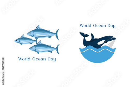 Ocean Fish And Orca World Day. World Ocean day Concept Icon. Vector Icon graphic illustration